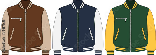 Cad drawing flat vector illustration of men's varsity bomber jackets, front view, fashion technical sketch, detailed design, color variation