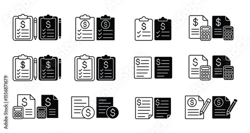 set of icons about finance, grow money, financial data, money counter, money calculator, stock rise and fall statistics data, financial question form, financial records, debt question date