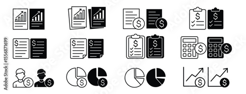 set of icons about finance, grow money, financial data, money counter, money calculator, stock rise and fall statistics data, financial question form, financial records, debt question date