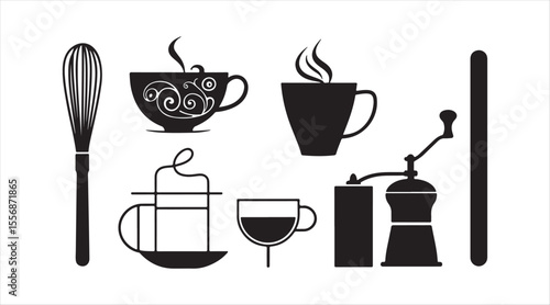 A flat silhouette icon set showcasing various tea and coffee items such as a matcha whisk, latte art, a mug emitting steam, an iced tea glass, and a coffee grinder, represented in black with smooth co
