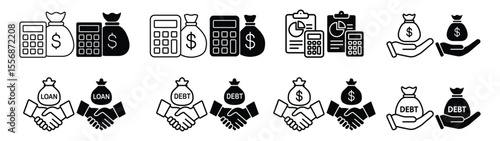 set of icons about finance, grow money, financial data, money counter, money calculator, stock rise and fall statistics data, financial question form, financial records, debt question date