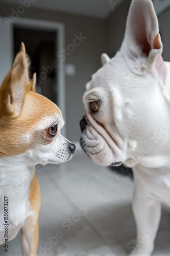 Chihuahua dog staring at Bulldog