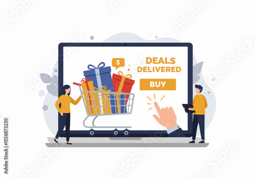 Concept Illustration of Online Shopping, Showing People Buying Delivered Deals and Gifts on a Laptop Screen with a Hand Pointing to the Buy Button.