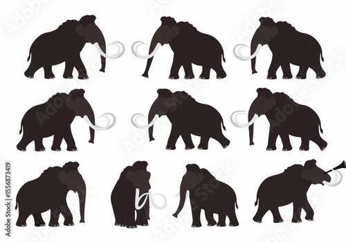 Set of Dark Mammoth Silhouettes in Various Poses with White Tusks and One Blowing a Horn
