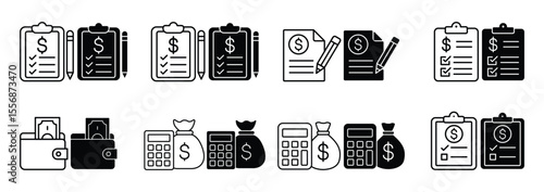 set of icons about finance, grow money, financial data, money counter, money calculator, stock rise and fall statistics data, financial question form, financial records, debt question date