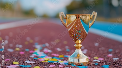 A gold trophy sits on a red running track surrounded by colorful confetti. The background is slightly blurred.