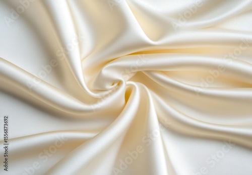 Cream colored fabric with elegant, swirling folds and soft, luxurious texture. Close up view shows subtle sheen and smooth surface.