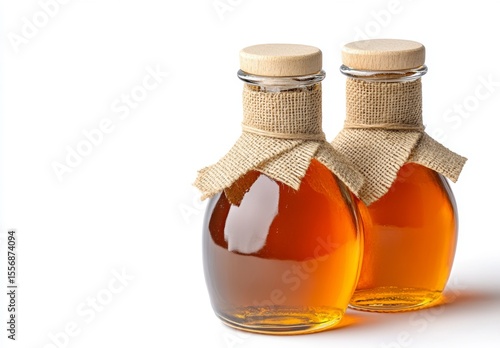 Two amber glass bottles with burlap wrapped stoppers, filled with a golden liquid, rest on a white backdrop. Studio shot.