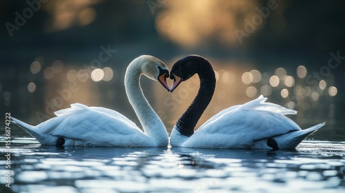 Two birds forming a heart shape with their necks on a calm body of water at sunrise. Golden hour light creates a warm, romantic atmosphere.