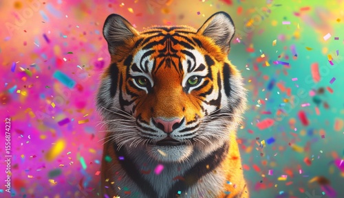 Majestic Wildcat Amidst Confetti Explosion