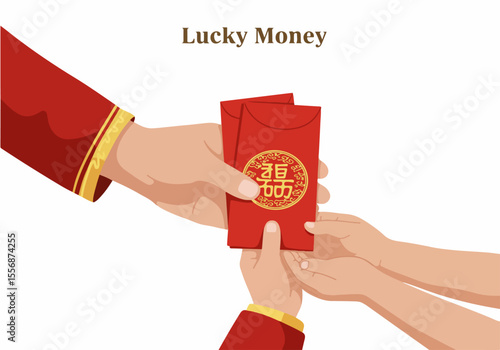 Hands exchanging traditional Chinese red envelopes with lucky money during New Year celebration, symbolizing blessings and prosperity.