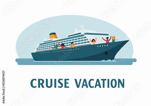 Diverse group of people waving from a large cruise ship sailing on the ocean, representing a happy and exciting vacation or holiday voyage.