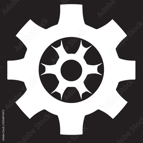 A clean, white vector illustration of a cogwheel or gear, featuring a distinctive inner spoke design, set against a solid black background. Ideal for themes of industry, mechanics, or settings.
