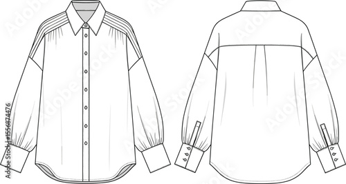 Women’s oversized shirt CAD flat sketch, fashion blouse front and back view, technical vector illustration for apparel design presentation