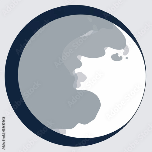 A minimalist vector representation of a circular abstract shape, featuring a dark blue crescent partially framing a lighter gray and white wavy or cloud-like form, suggesting a celestial body or a sty