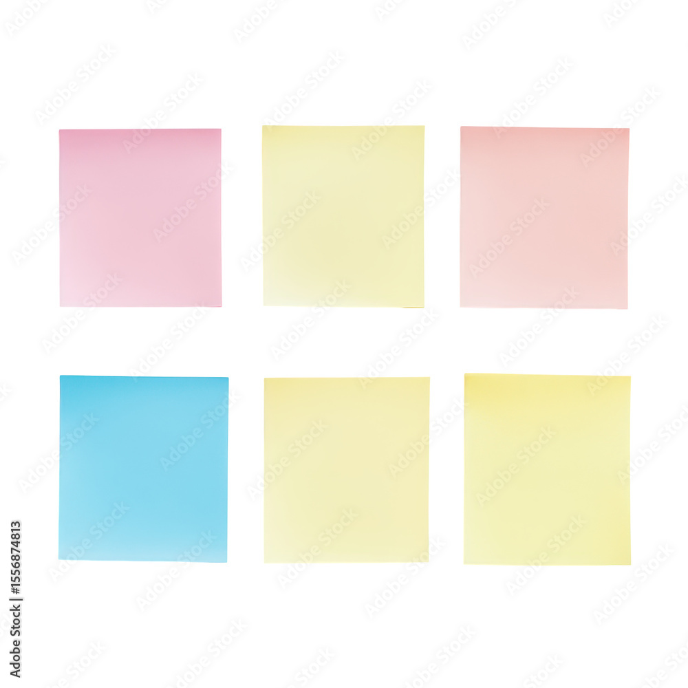 Pastel colored sticky notes arranged in a grid for note taking reminders organization or planning, isolated on a transparent background Pastel colored sticky notes arranged in a grid for note taking reminders organization or planning, isolated on a transparent background