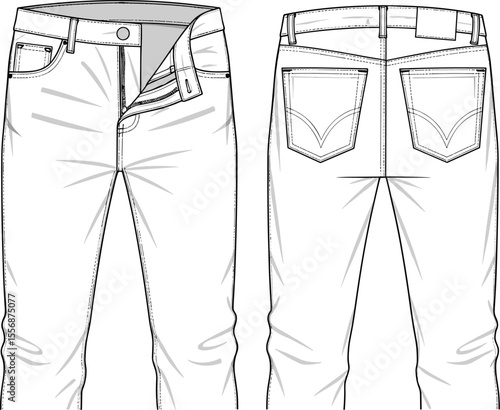 Men's jeans technical flat sketch front and back, detailed vector drawing with stitching, pockets, waistband, fly opening and folds