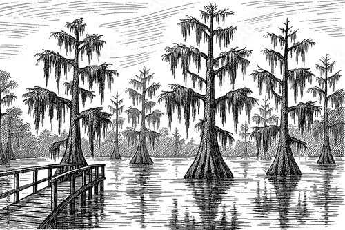 Swamp Cypress Trees and Bridge Reflection in Water Engraved Black and White Landscape