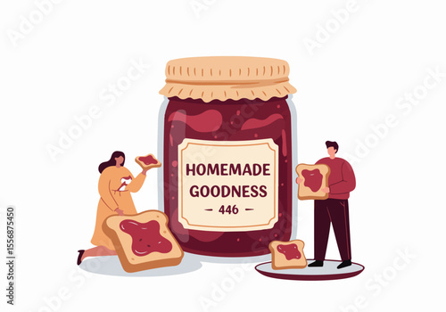 People enjoying toast with homemade jam from a giant jar labeled 'Homemade Goodness'.