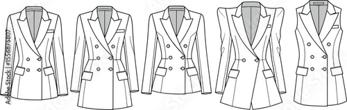 Women’s blazer coat flat sketch, double breasted jacket front view, CAD vector illustration for fashion design, technical template drawing