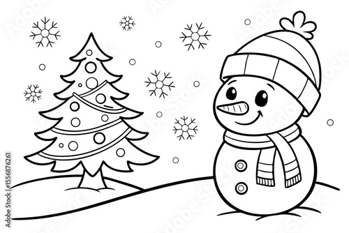 vector snowman and christmas tree for coloring book, coloring page, kids