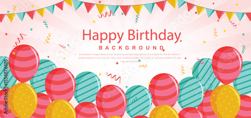 Birthday background with pink yellow and turquoise balloons and colorful pennants