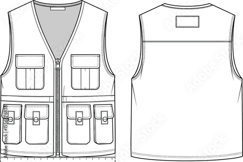 Utility cargo vest front and back view, multi pocket detailed garment flat sketch, technical clothing cad design, vector illustration