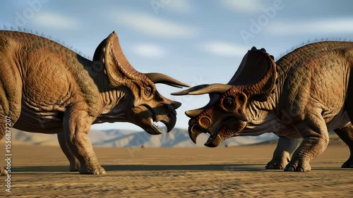 Two Triceratops face each other in a desert landscape horns nearly touching