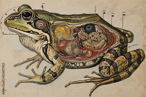 Labeled cross-section of frog anatomy, hand-drawn for biology education