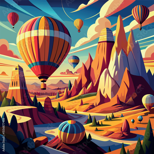 A dynamic vector scene of vibrant hot air balloons soaring over the iconic rock formations of Cappadocia, ideal for tourism, travel, or outdoor adventure concepts.