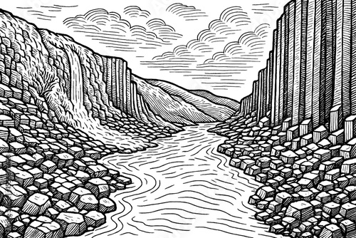 Hand drawn landscape illustration with basalt columns, waterfall and stream in black and white