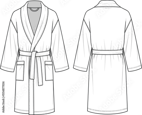 Bathrobe technical fashion sketch, front and back flat drawing, vector apparel template, sleepwear design, robe illustration, garment CAD drawing