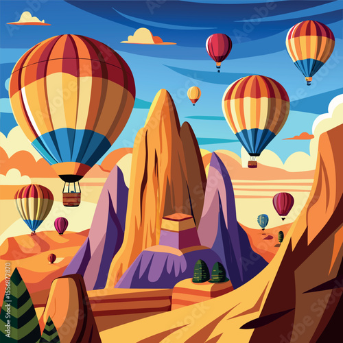 A dynamic vector scene of vibrant hot air balloons soaring over the iconic rock formations of Cappadocia, ideal for tourism, travel, or outdoor adventure concepts.