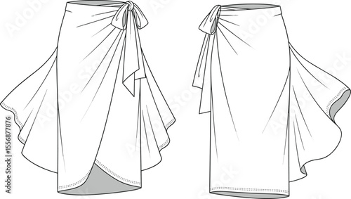 Sarong wrap skirt flat vector, fashion cad drawing, beachwear design for women, technical clothing illustration, apparel template, tied skirt