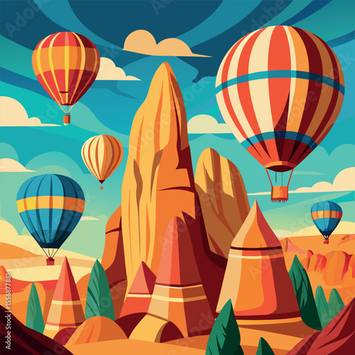 A dynamic vector scene of vibrant hot air balloons soaring over the iconic rock formations of Cappadocia, ideal for tourism, travel, or outdoor adventure concepts.