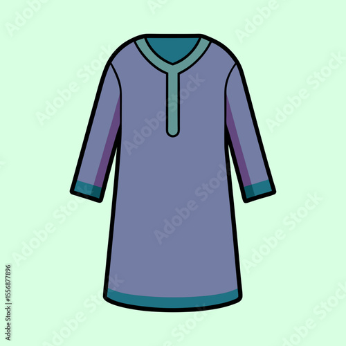 Illustration of a simple purple tunic with long sleeves and teal trim