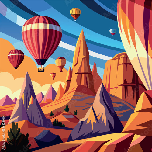 A dynamic vector scene of vibrant hot air balloons soaring over the iconic rock formations of Cappadocia, ideal for tourism, travel, or outdoor adventure concepts.