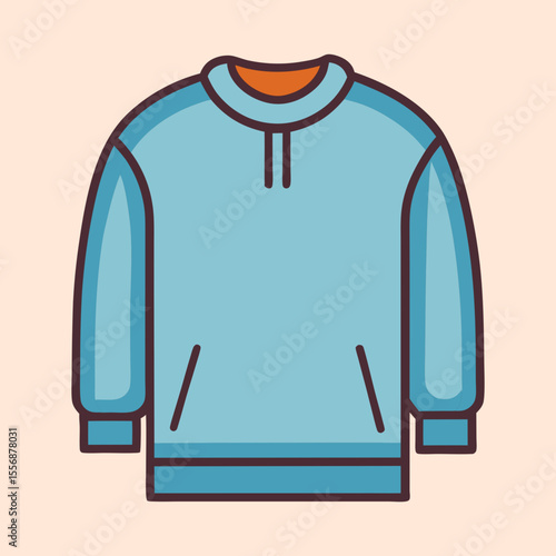 Illustration of a light blue pullover hoodie with orange neckline detail