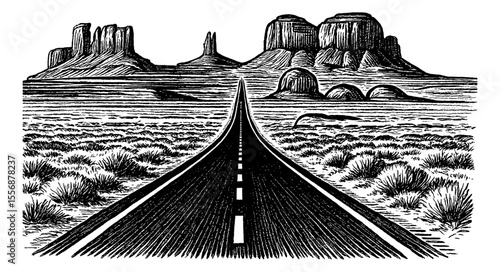 Straight Road Leading to Rock Formations in Desert Landscape Engraving