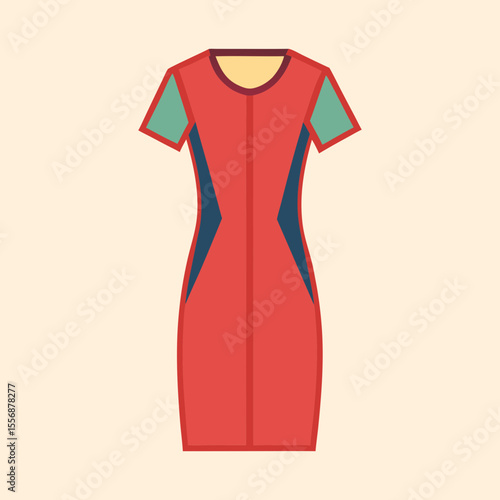 Stylish red sheath dress with angular blue accents and short green sleeves