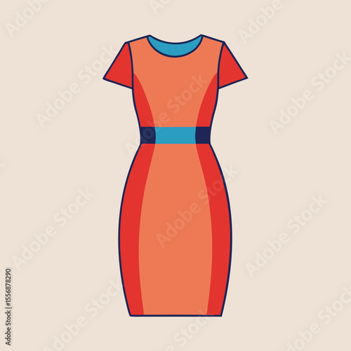 Stylized orange sheath dress with short sleeves and blue trim design