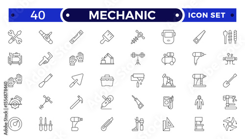 Mechanic Outline icon set. Repair worker sign. Industrial technician with wrench symbol. Maintenance and service tradesman pictogram. Workshop and professional expertise.