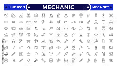 Mechanic Outline icon set. Repair worker sign. Industrial technician with wrench symbol. Maintenance and service tradesman pictogram. Workshop and professional expertise.