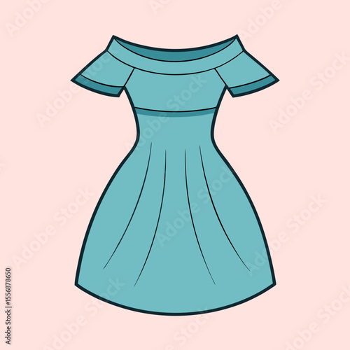 Cartoon illustration of a pretty light blue dress with off the shoulder neckline