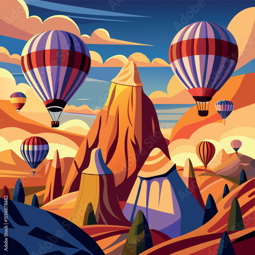 A dynamic vector scene of vibrant hot air balloons soaring over the iconic rock formations of Cappadocia, ideal for tourism, travel, or outdoor adventure concepts.