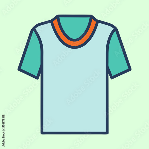 A light blue tshirt with green sleeves and an orange neckline