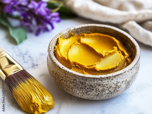 A small bowl of turmeric paste with a brush for skincare application
