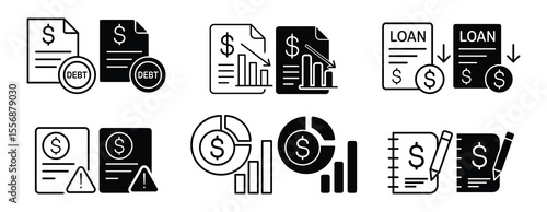 set of icons about finance, grow money, financial data, money counter, money calculator, stock rise and fall statistics data, financial question form, financial records, debt question date