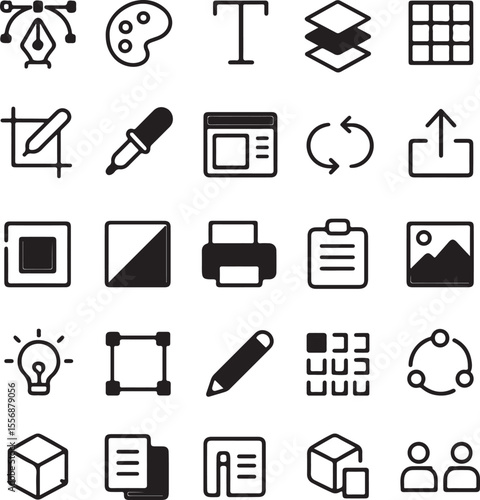 Graphic Design and Creative Tools Vector Icons Set — Pen Tool, Palette, Text, Layers, Grid, Color Picker, Crop, Print, Share, Edit, UI UX Elements — Line Style