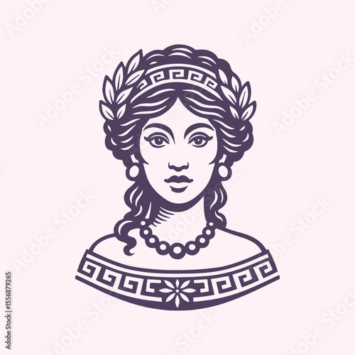 Beautiful young greek woman in traditional clothing. Retro vector illustration suitable as a logo, for textile printing or advertising of all kinds.